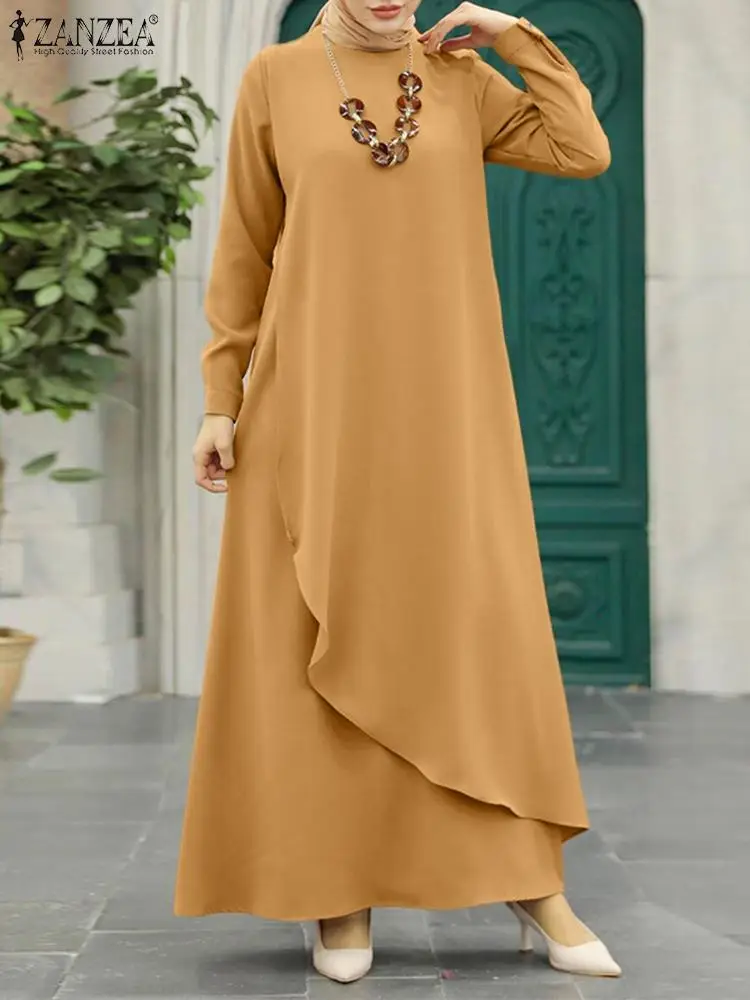 

Stylish Women Long Sleeve Solid Asymmetrical Hem Dress ZANZEA Eid Mubarek Ramadan Maxi Sundress Casual Loose Muslim Vestidos