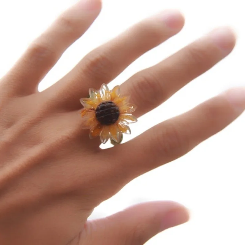 French Pastoral Style Sunflowers That Grow Towards The Sun Resin Drip Glue Gradient Ring Women's Jewelry That Loves Nature Ring