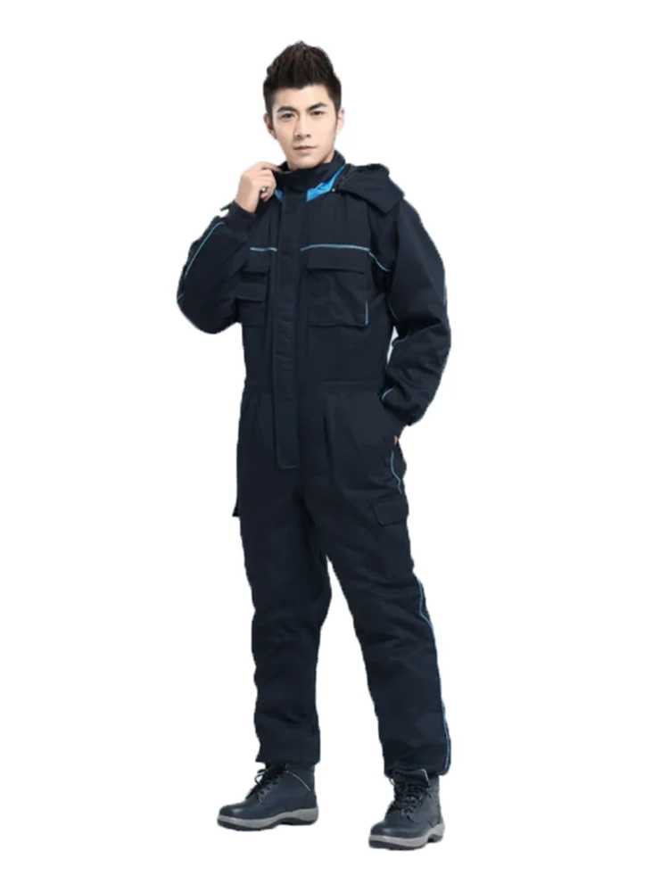 Jumpsuit katun untuk pria wanita, Jumpsuit katun hangat tebal warna biru dongker Musim Dingin 7335, jaket keselamatan, pakaian kerja, seragam kerja, perlindungan keamanan