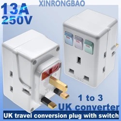 UK Plug 250V13A AC Portable Multi 1 to 3 ways Travel Adapter Power Malaysia Kong with Independent Control Switch Conversion Plug