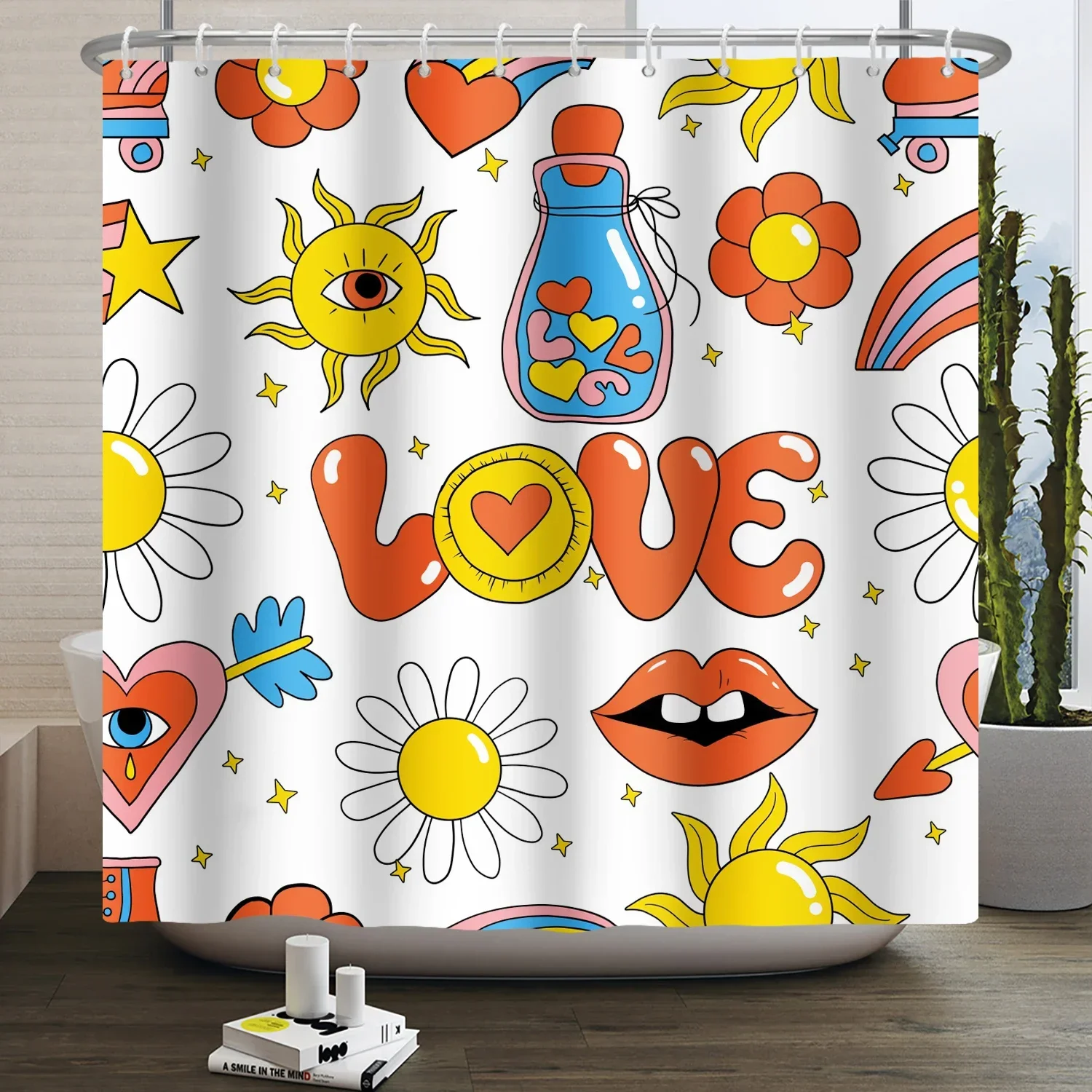 Vintage Rainbow Shower Curtain, Mushroom Moon Hippie Flower Sun Moon Butterfly Botanical Vintage, Bathroom Decorati