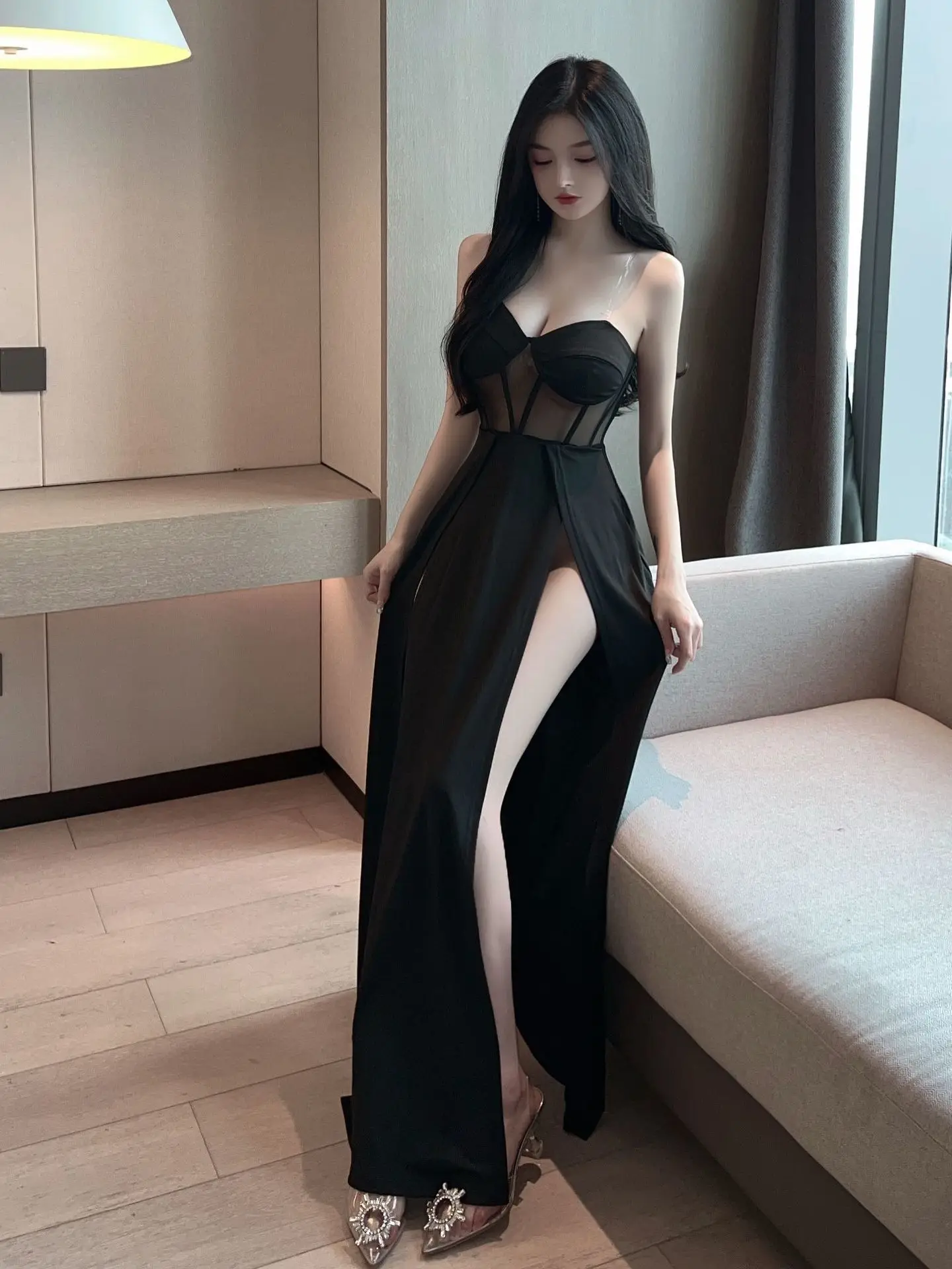 2023 Summer Women's New Sexy temperament Off Shoulder Chest wrapping Fashion Gauze Transparent Split Long ceremonial dress NDR0