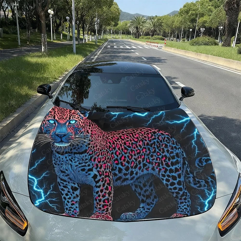 Lightning Cheetah Car Hood Sticker PVC Self Waterproof Stick,Striking Auto Exterior Accessories Decor Protect Gift for Car Lover