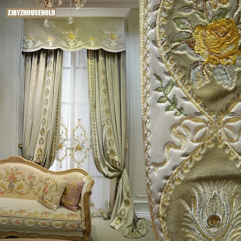 Luxury Fabric Curtains For Living Dining Room Bedroom French American High Shading Velvet Embroidered Curtain