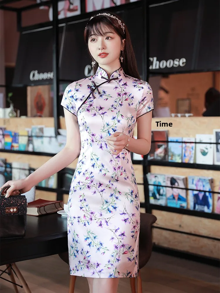 

Silk Young Sle Retro Waist-Cinching Summer Dr for Women ort Sve Floral Patterned Traditional Chinese Costume