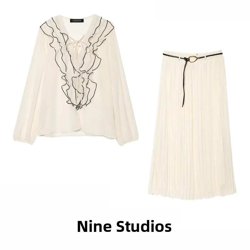 Conjunto de Saia Csa Translúcida Moda Fena Decoração Empilhada  Saia com Cinto Manga Longa Decote em V Fechamento ...