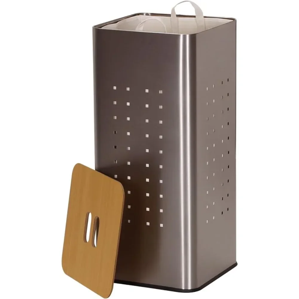 

7080-1 Square Metal Laundry Hamper -Removable Liner Bag and Wood Lid - Stainless Steel Basket the Laundry Basket Is Divided Home