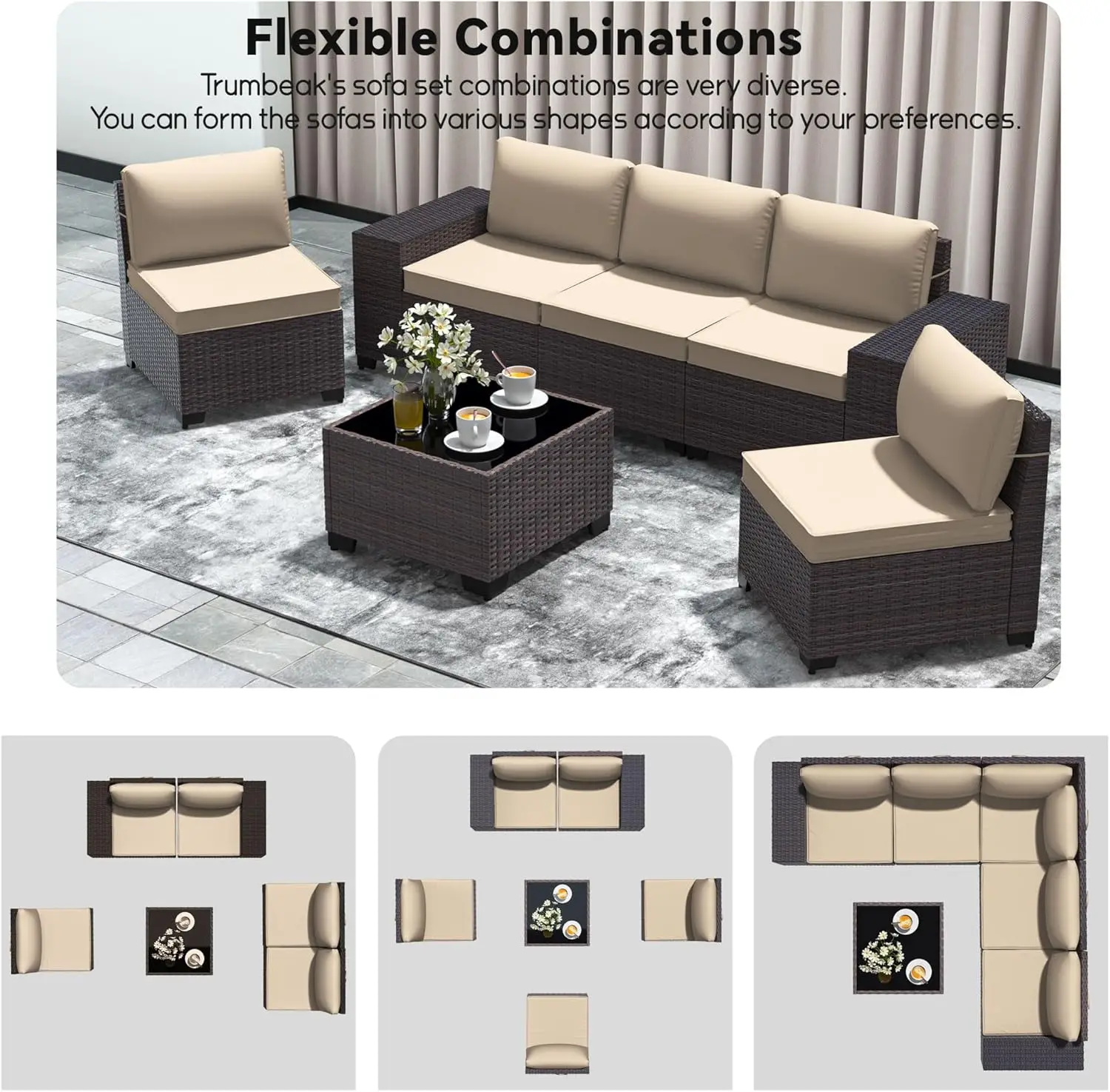 Outdoor PE Rattan Móveis De Vime Conjunto com Almofada, Pátio Conversa Set, 6 PCs, 7 PCs