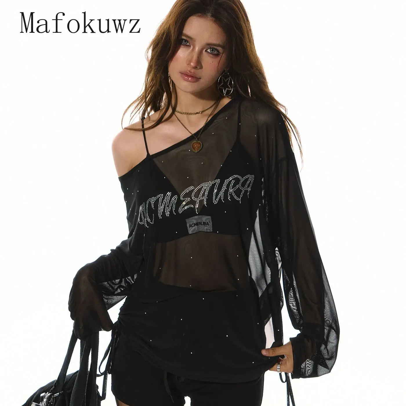 

Dance Cool Stylish Long Sleeve T-shirt Women Top New Irregular Loose Causal Slant Neck Letter Hot Diamond Mesh
