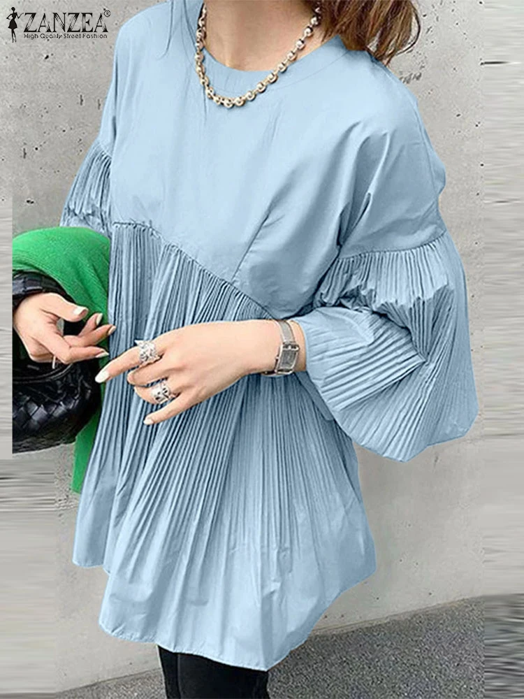 2025 Korean Casual O-neck Tops ZANZEA Women Blouse Fashion Patchwork Pleating Shirts Holiday Long Lantern Sleeve Blusas Oversize