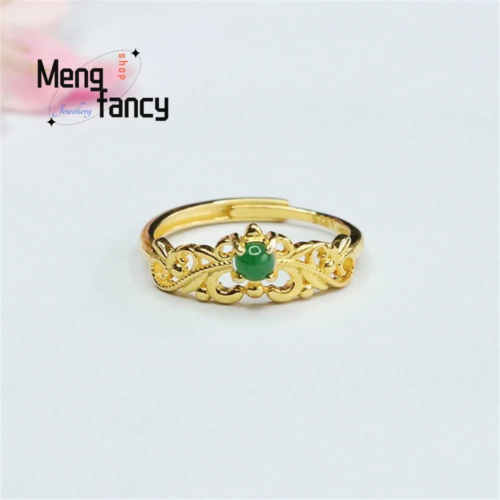 

S925 Silver Inlaid Natural Jadeite Ice Type Imperial Green Crown Ring Exquisite Elegant Simple High-grade Luxury Fashion Jewelry