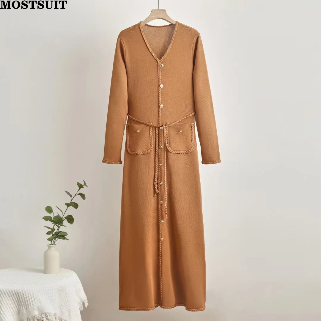 V-ausschnitt Stricken Frauen Kleid 2025, Herbst Elegante Vintage-Mode Damen Kleider Langarm einreiher Schärpen Weibliche Vestidos
