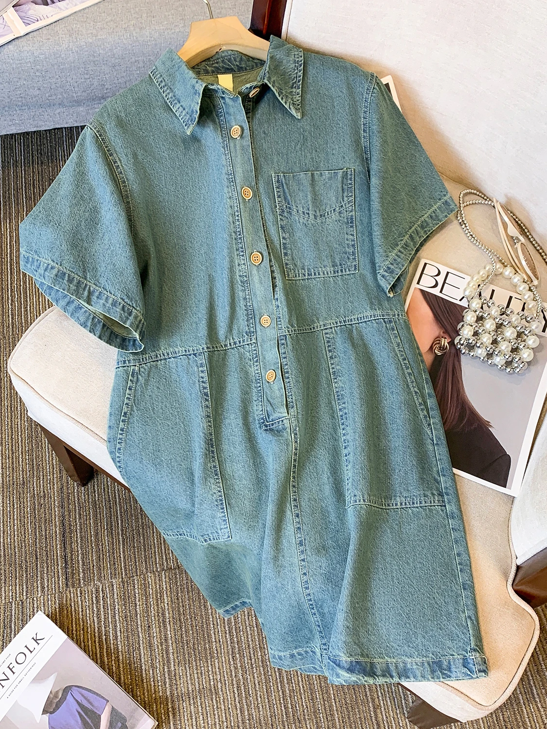 Estate delle nuove donne Denim Dr Loose Fit di media lunghezza ort-Sve Casual Versatile Vita alta A-Line Coreano Sle Dr