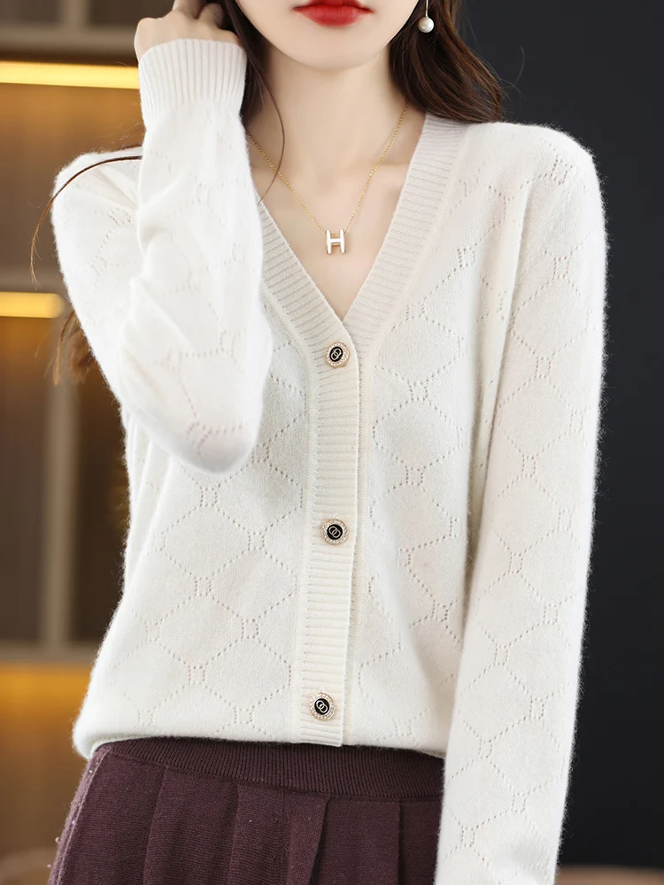 Autumn Winter Women's V-neck Cardigan 100% Merinon Wool Sweater Soft Warm Comfort Female Cashmere Clothing 2024 Fashion Tops