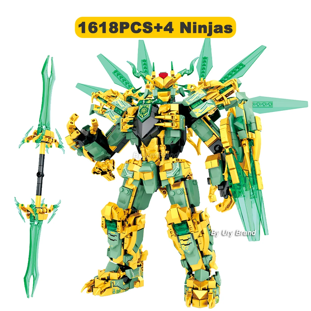 Robot Ninja Golden Warrior Mech 2 en 1, 2 têtes de Dragons volants, ensemble de figurines de chasse, blocs de construction, jouets pour enfants,