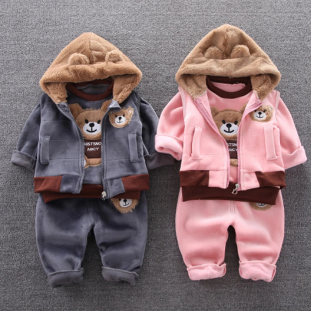 

Warm Baby Girls Boys Homewear Autumn Cartoon Bear Fashion Flannel Clothes Two-piece Set Kids Sleepwear Children Pajamas