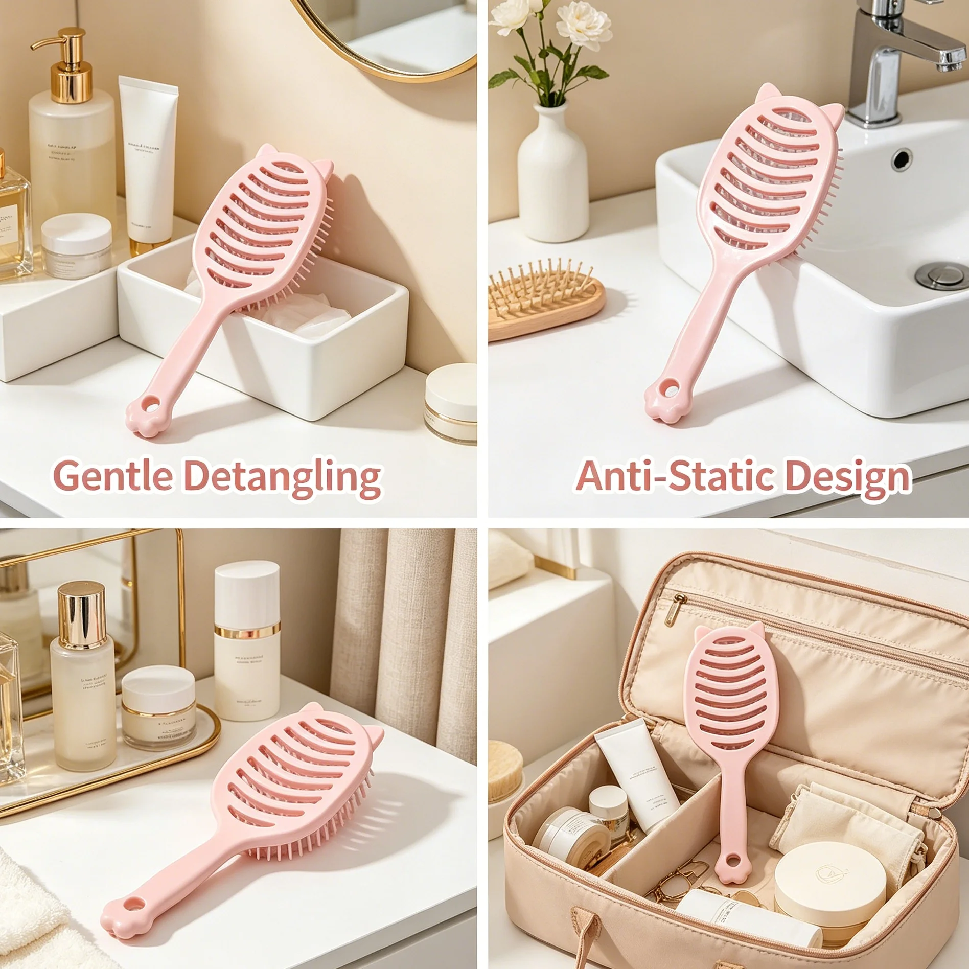Cute cat-eared, cat-clawed handle with a hollow design, a whimsical cartoon-style hairbrush that combines aesthetics with functi