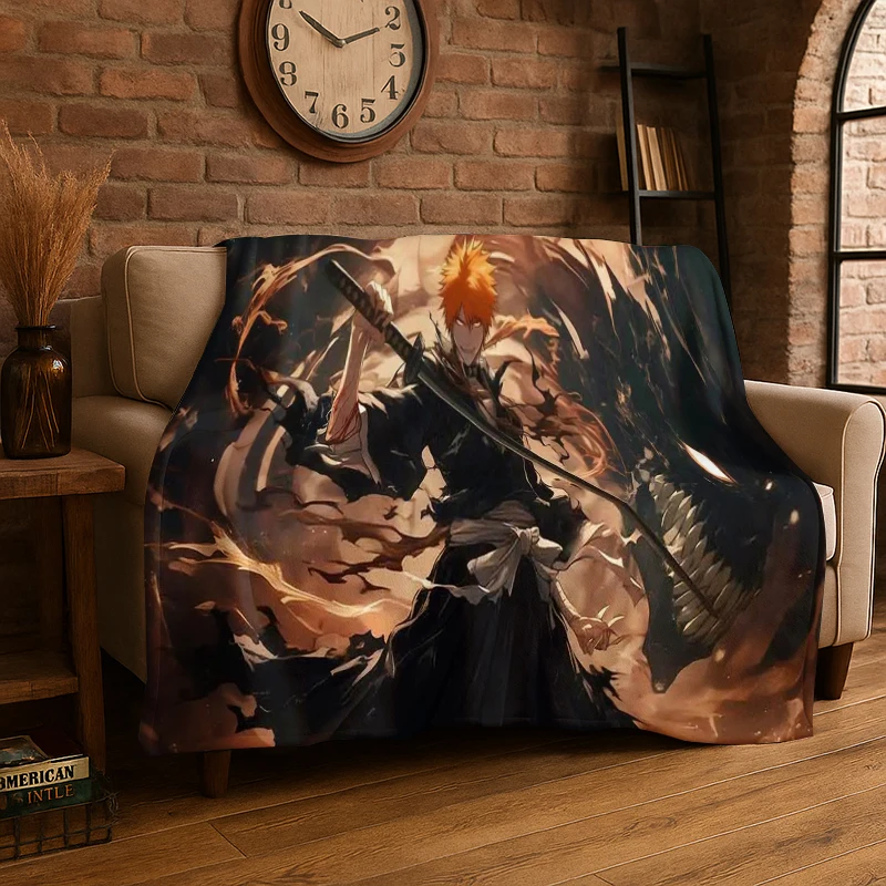 Retro Bleach Anime Kurosaki Ichigo Cartoon Flannel Blanket Soft Warm Throw Blanket for Bedroom Living Room Bed Travel Picnic