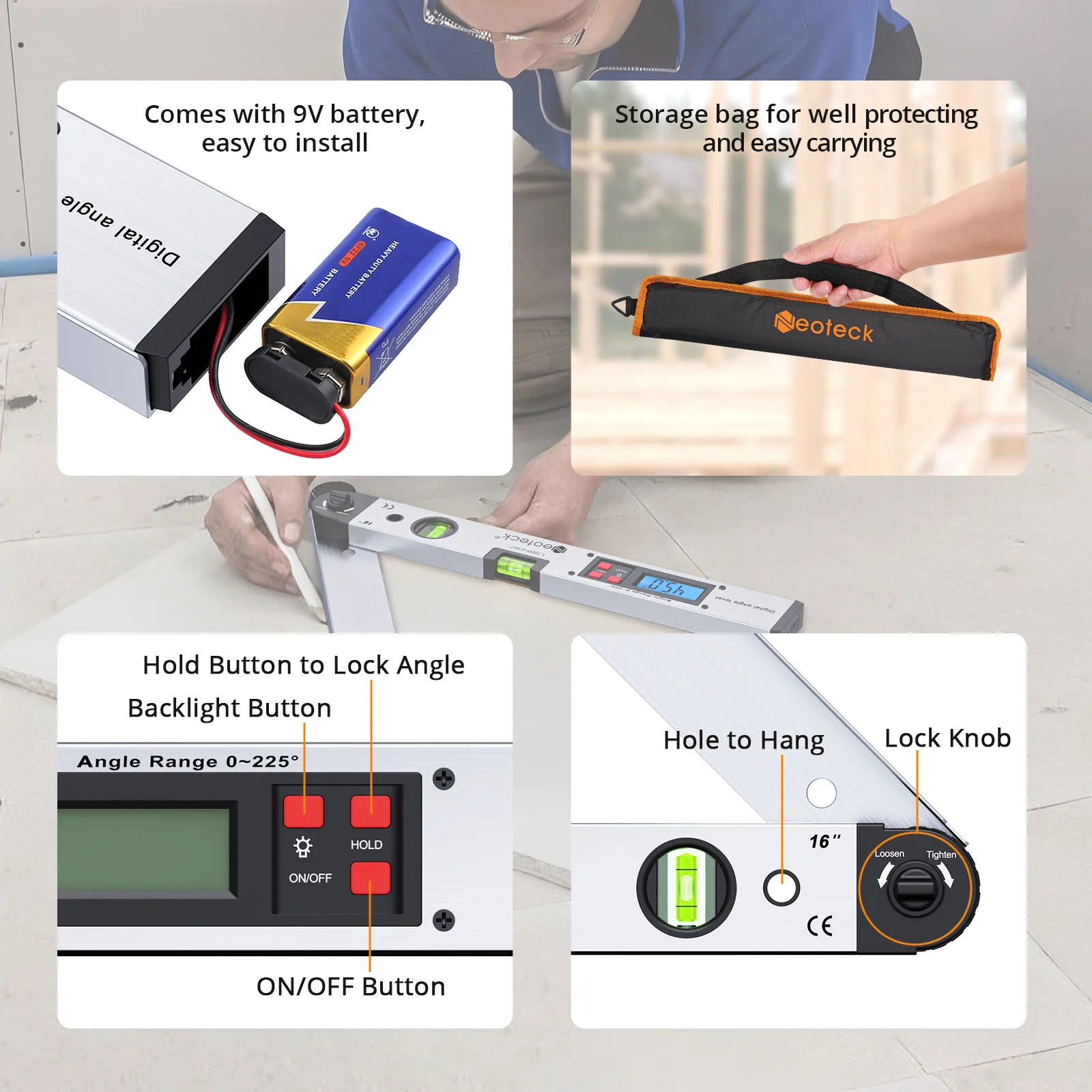 Neoteck 400mm LCD Digital Protractor Spirit Level Angle Finder Gauge Meter 0~225° Electronic Angle Ruler Measure Tool