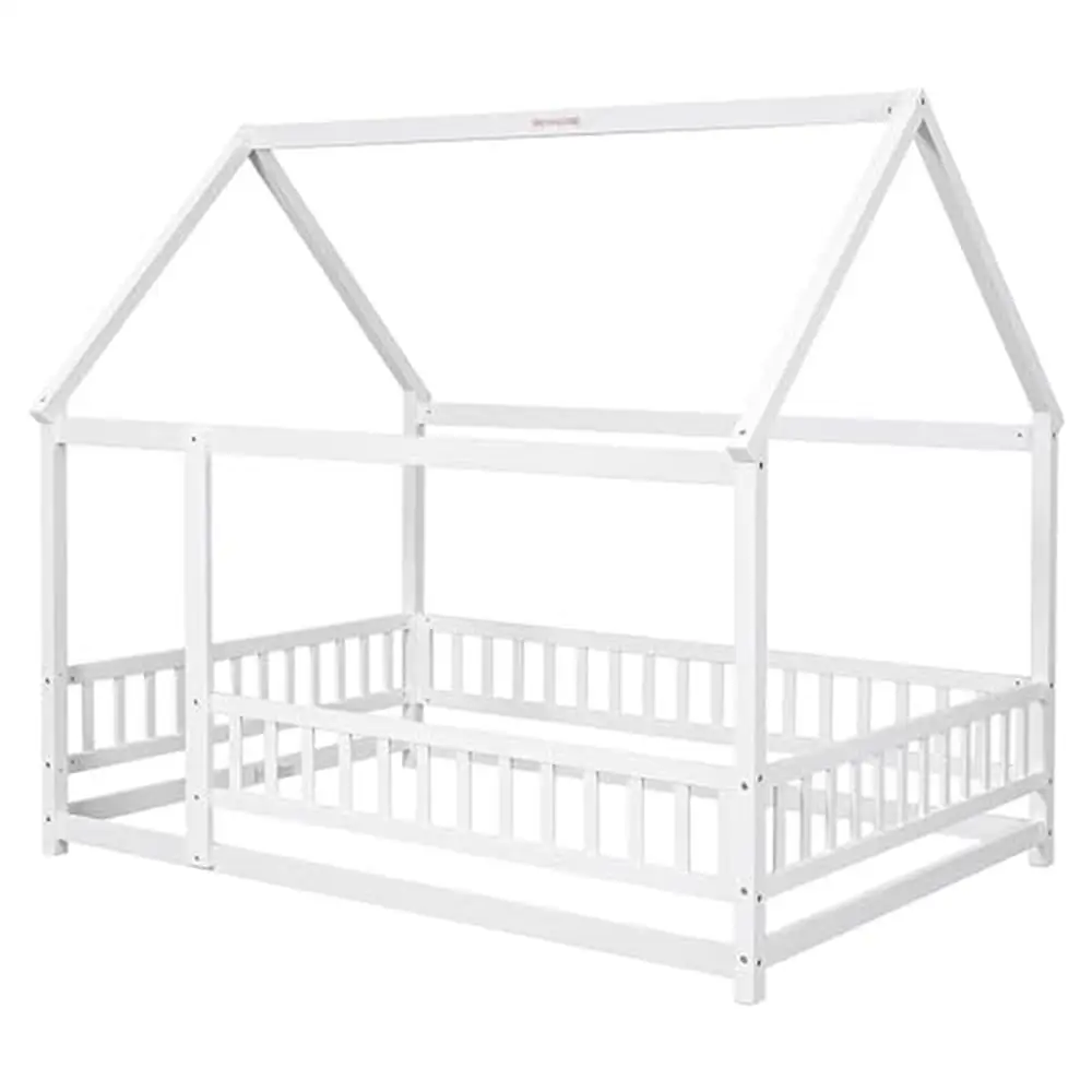 House Floor Bed with Roof Fence Guardrails Easy Assembly Explorer's Cradle Premium Pine Wood Multifunctional Playhouse Kids Boys