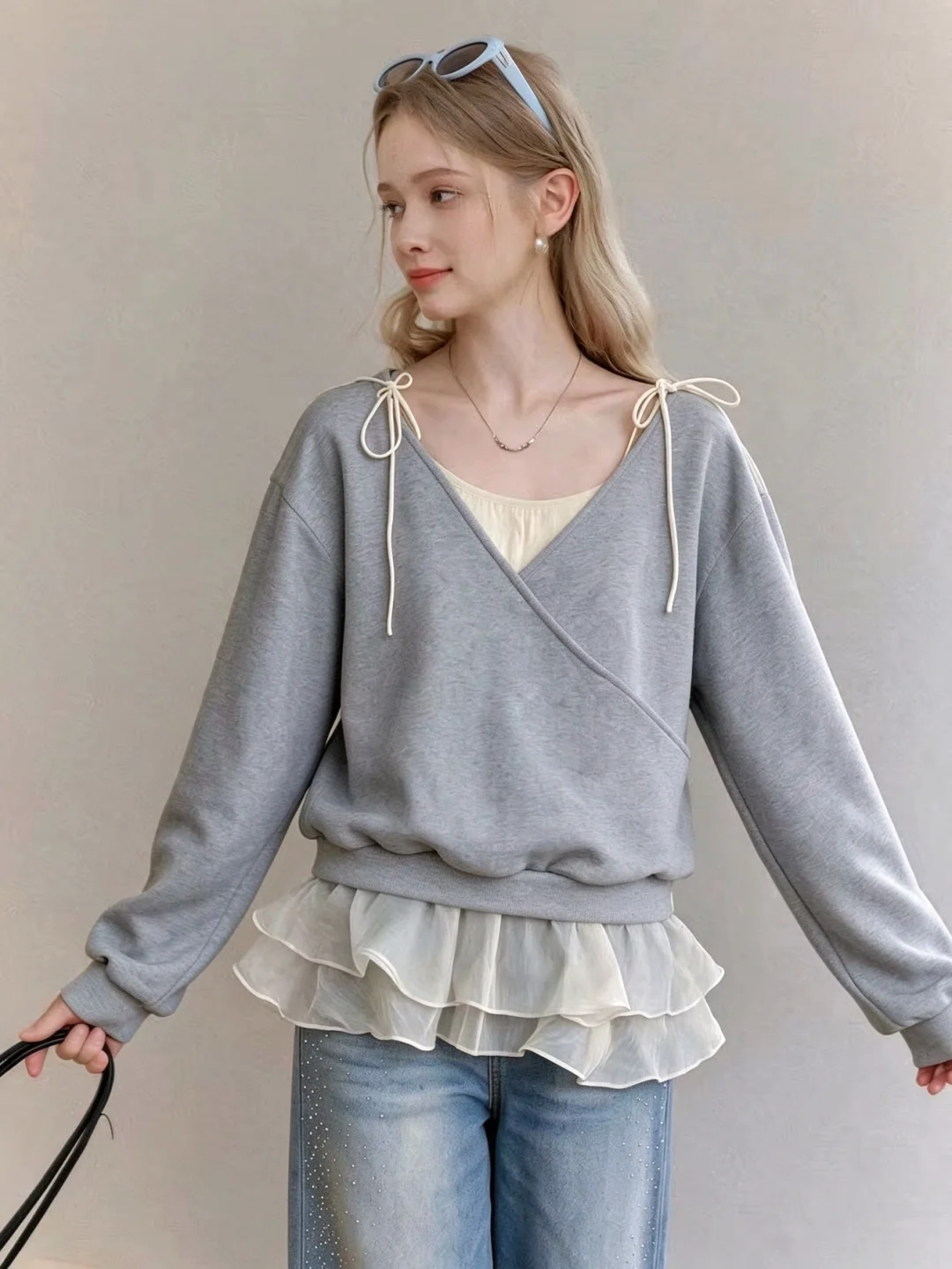 Gray V-Neck Long Sleeve Hoodie Women's Autumn New Skirt Splice Top Loose Fit Casual Style Warmth Protection Daily Wear