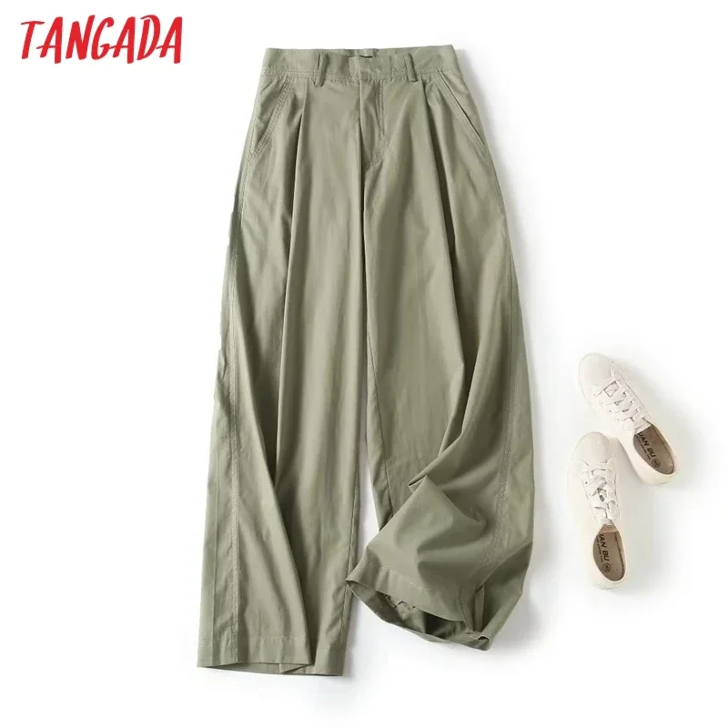 Tangada 2024 Spring Summer Women Cotton Pants Vintage High Waist Female Loose Long Trousers 4C408