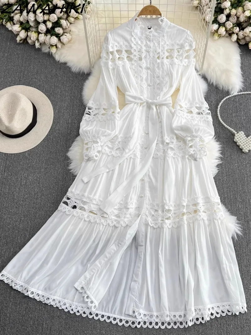 Hollow Out Lace Bow White Long Dress Lantern Sleeve Stand Neck Vestidos Temperament Solid Female Clothes Pleated Ropa Mujer