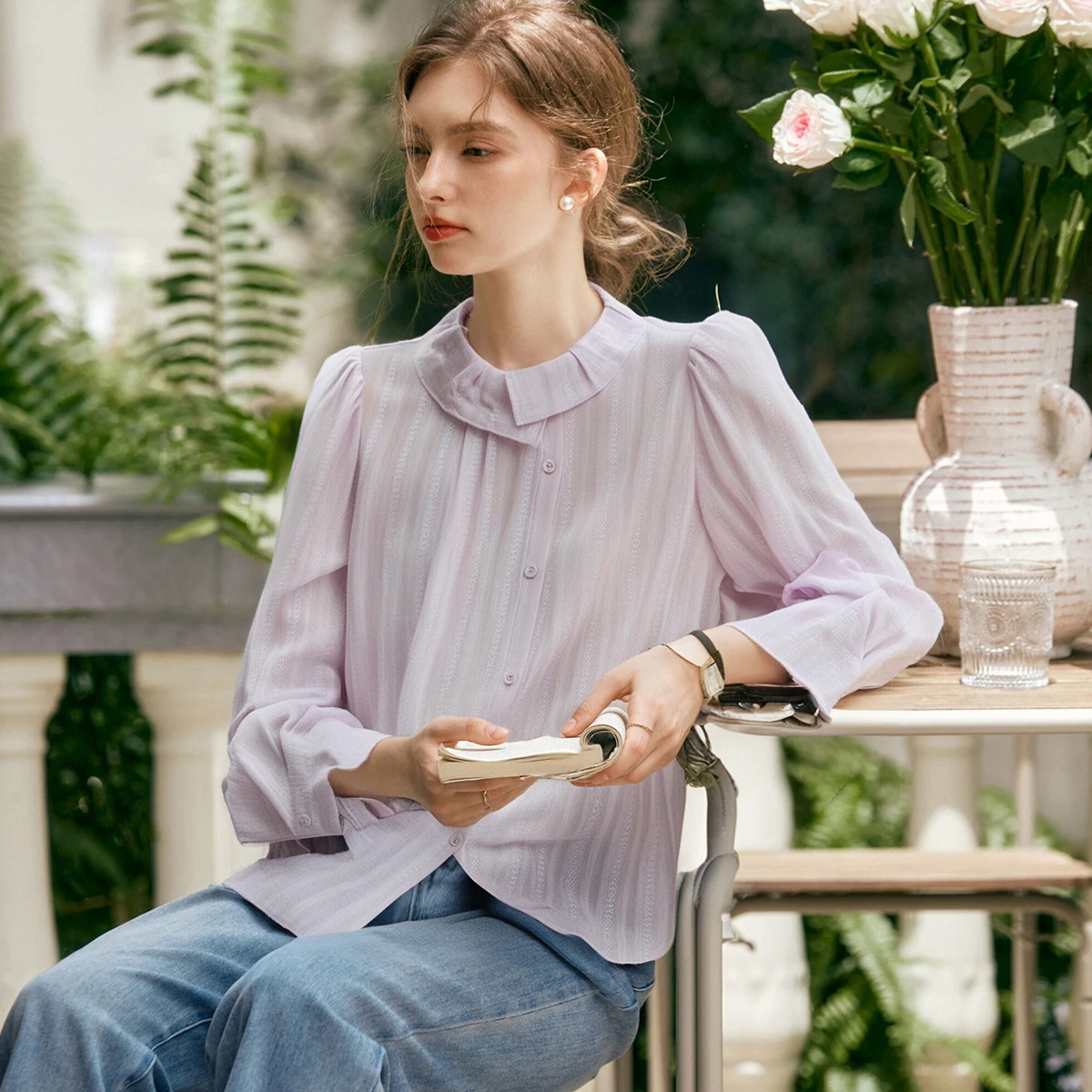 

OLrain женские французские жаккардовые рубашки, осень 2022, новая блузка с длинными рукавами, повседневная плиссированная кружевная рубашка с лацканами, женский топ O57QC000361