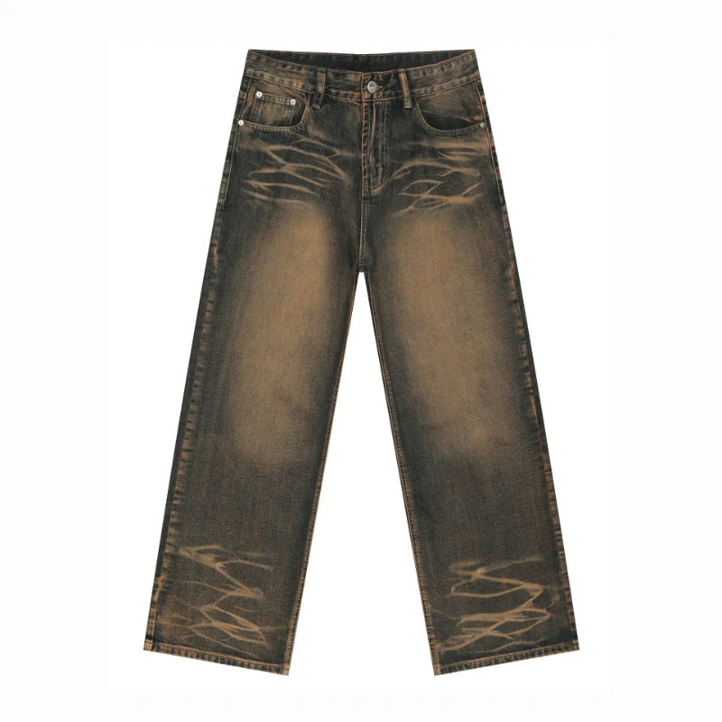 

Straight Pants Denim Pant Men Jeans Vintage Washed Distressed Loose High Waist Scratched Trousers Y2k Streetwear Work Casual