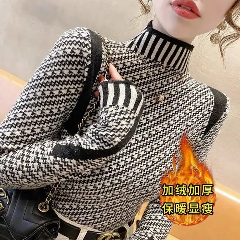 Women Autumn and Winter Fashion Korean New Half High Collar Upscale Jacquard Sweater Leisure Warm Look Thinner Long Sleeve Tops