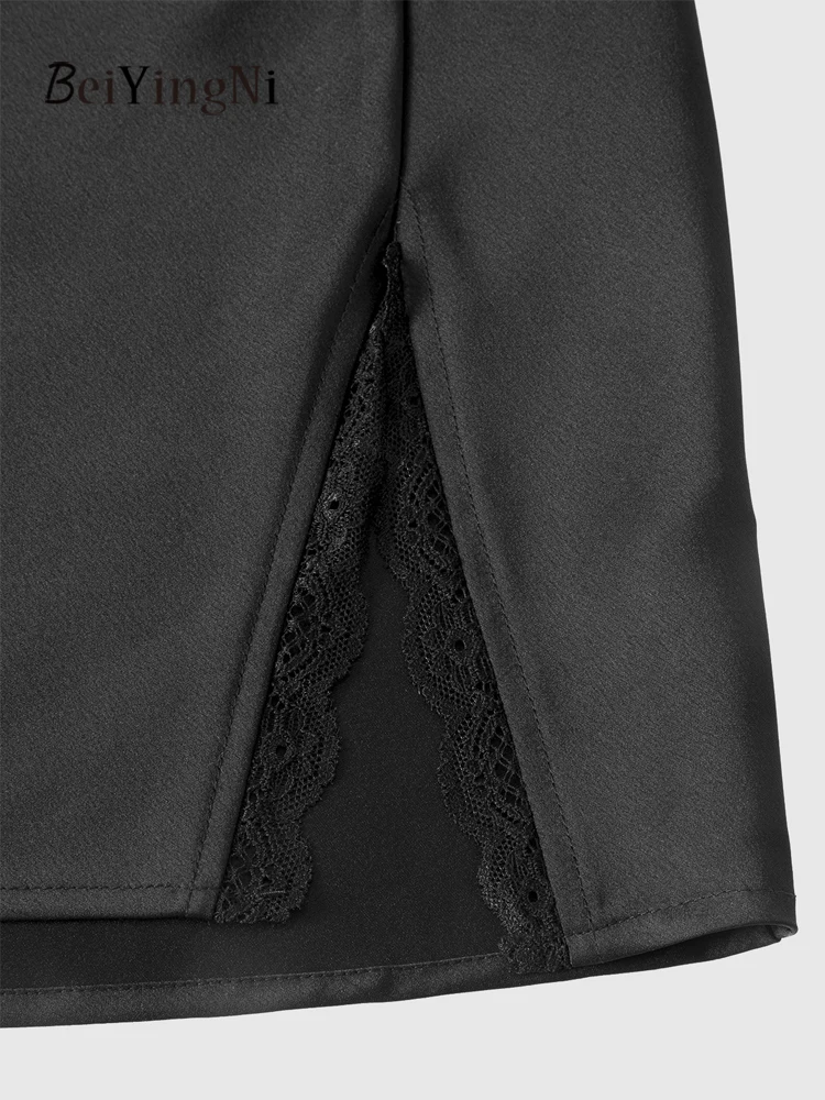 Beiyingni New In Women Mini Skirt Lace Patchwork Split Sexy Satin Pack Hip Black Short A-line Skirts Ladies OL High Waist Faldas