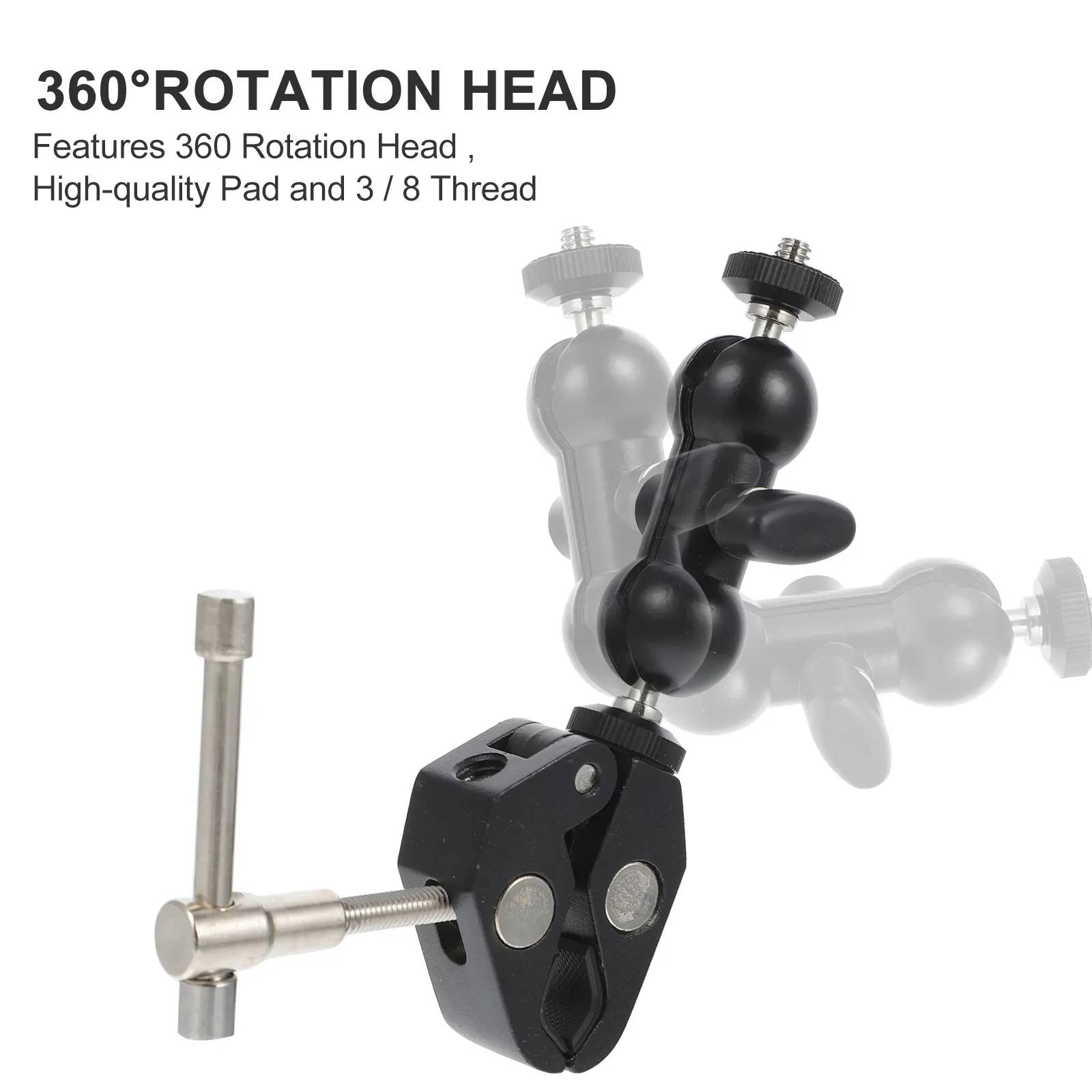 

360 Degree Camera Clamp Mount 3/8 1/4 Inch Threaded Holder For Photography Studio 60Mm Opening 1.5Kg Load Non-Slip Mat Super