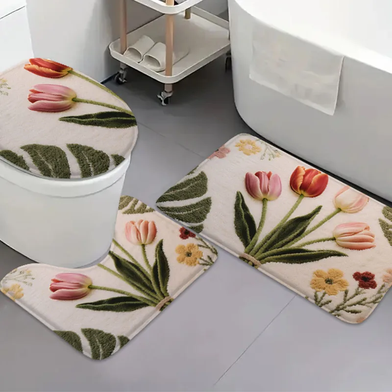 Floral Pattern Bathroom Mat Set, Absorbent U-Shaped Non-Slip Carpet for Toilet and Shower 3PCS