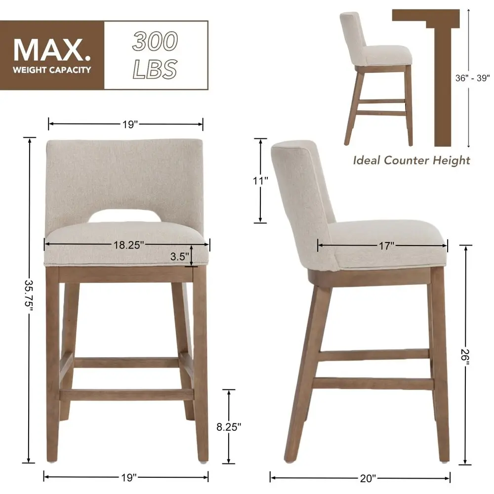 

26 Bar Stools Set of 4 Armless Padded Counter Stools with Wood Back and Legs Upholstered Linen Fabric Stool Chair for Kitchen C