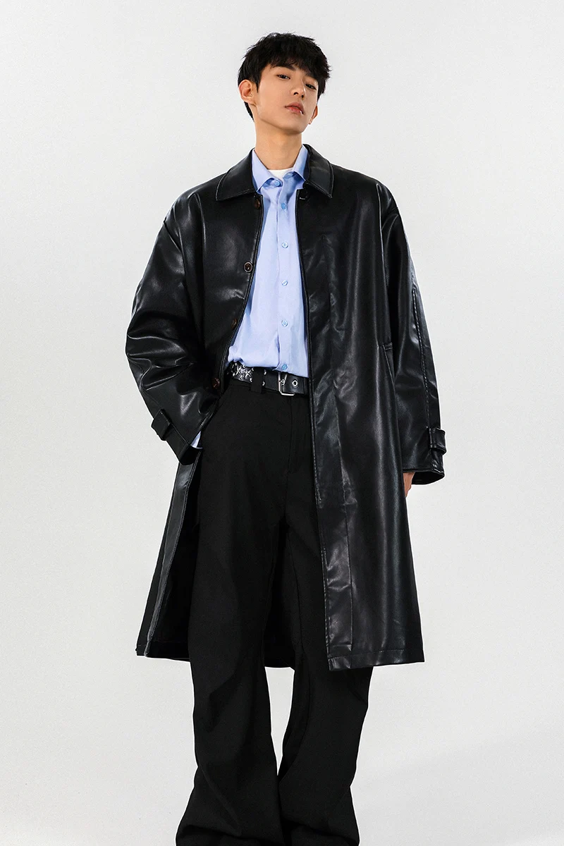 Mens PU Trench Coat 2025 Autumn Winter Windproof Long Outerwear Jacket Fashionable Trendy Leather Coat For Men