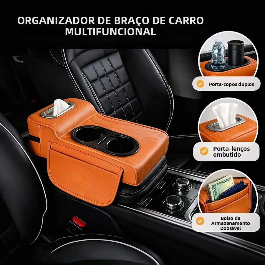 Almofada para Apoio de Braço do Console Central do Carro com Suporte Duplo para Copos e Caixa de Lenços Organizador de Acessórios