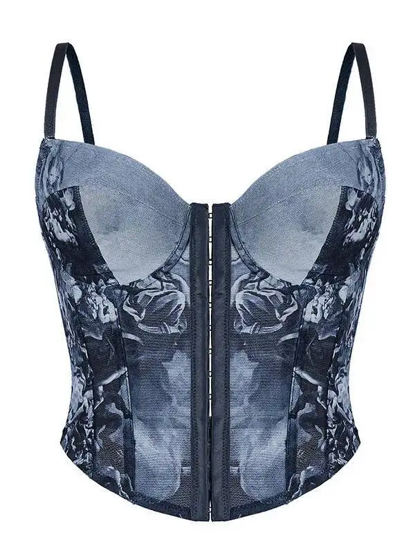 Vintage Art Print Corset Top Blue And Black Pattern Bustier With Mesh Panels Adjustable Straps Bodice Sexy Fashion Vest GH10