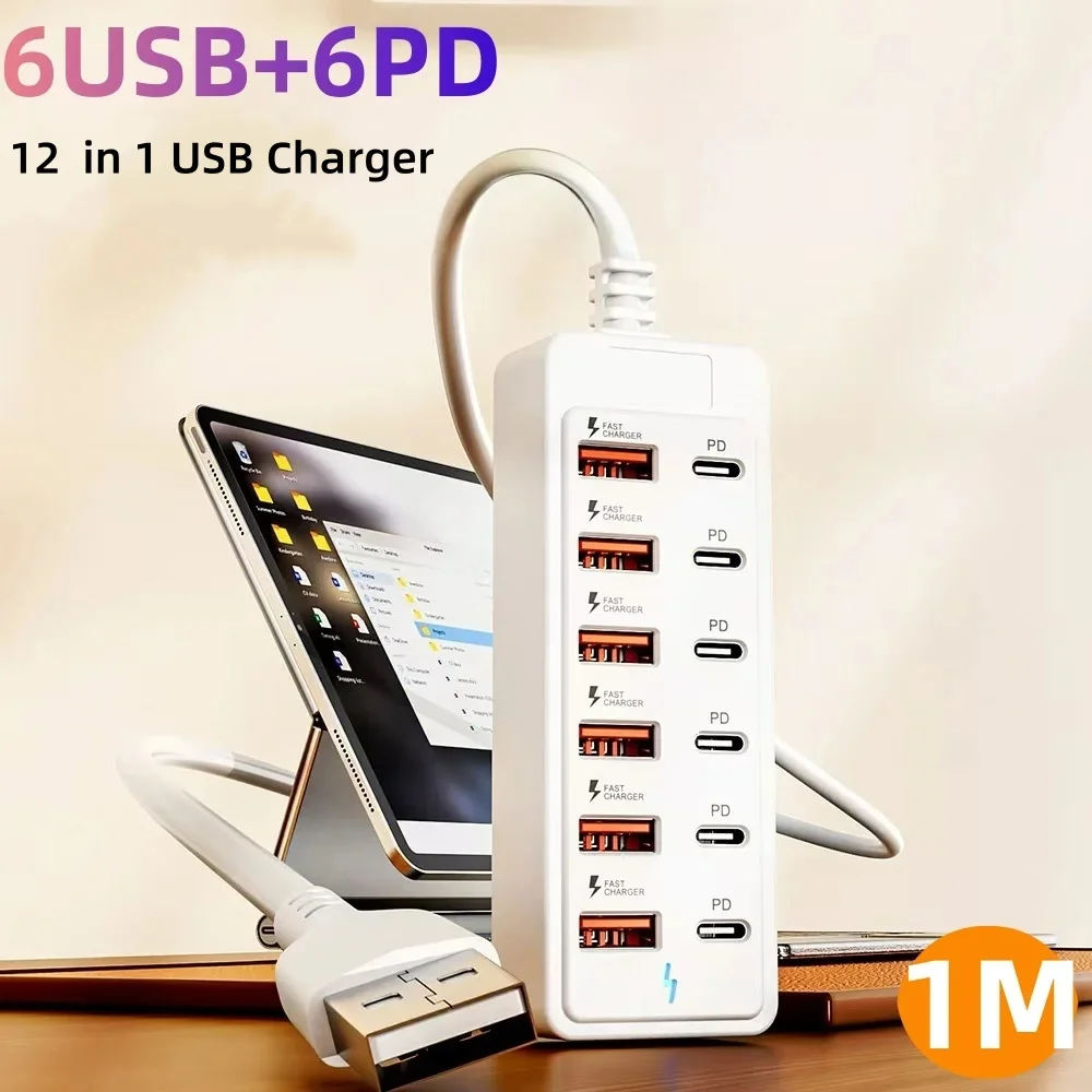 12 in 1 USB Power Strip Multi Ports Desktop Charging Phone Charger Station USB C