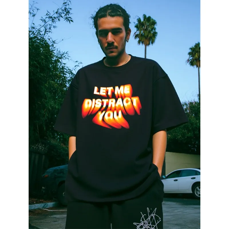

2025 Men's Short Sleeved T-shirt Summer New Style Flow Letter Trend Heavy Weight Loose Comfortable Daily Wearing Top