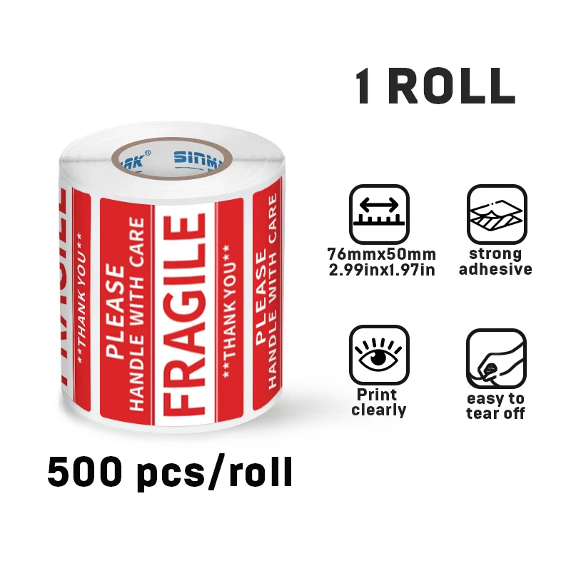 SINMARK 500/1000Pcs Fragile Warning Sticker Care Shipping Special Tag Useful Shipping Express Label Handle With Care Keep