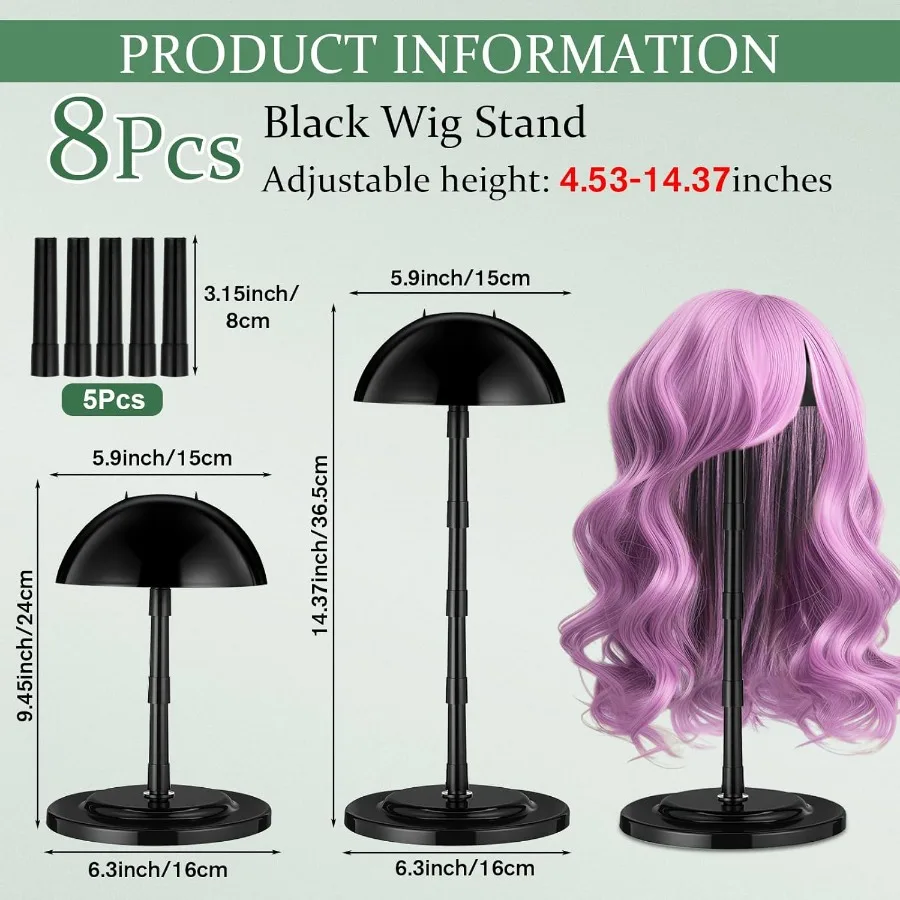 Shimeyao 8 stuks verstelbare pruikenstandaard 4,53 tot 14,37 inch draagbare pruikenhoofdhouders plastic hoedenstandaards voor weergave antislip nep