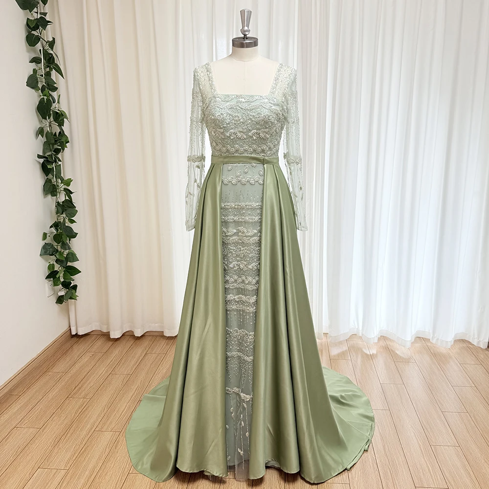 Elegant Pearls Evening Dress for Women with Detachable Skirt 2025 Luxury Long Sleeves Formal Prom Wedding Party Gown Customized