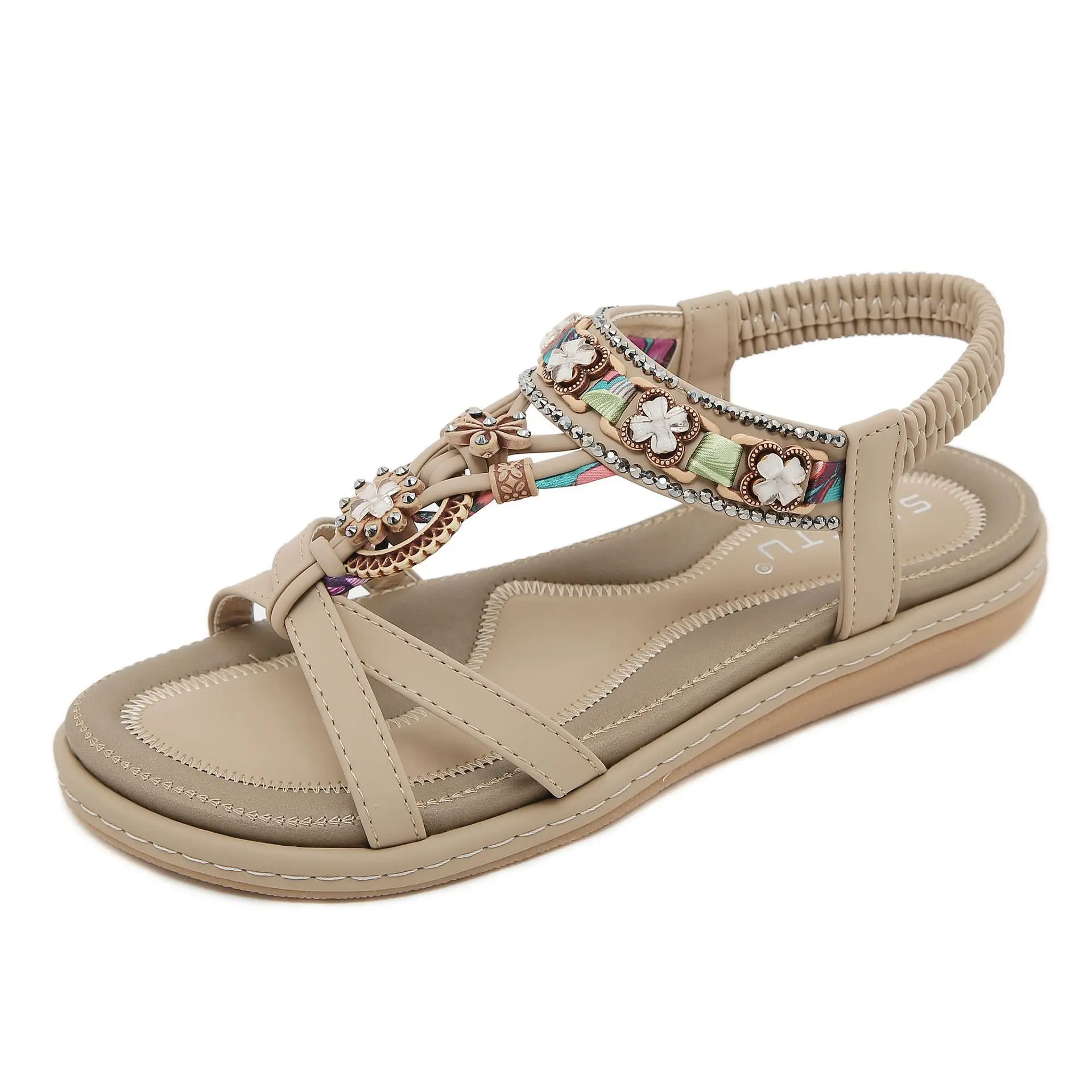 2024 Summer Flower Beaded Decoration Comfortable and Leisure Beach Round Head Flat Bottom Sandals for Women W676-1