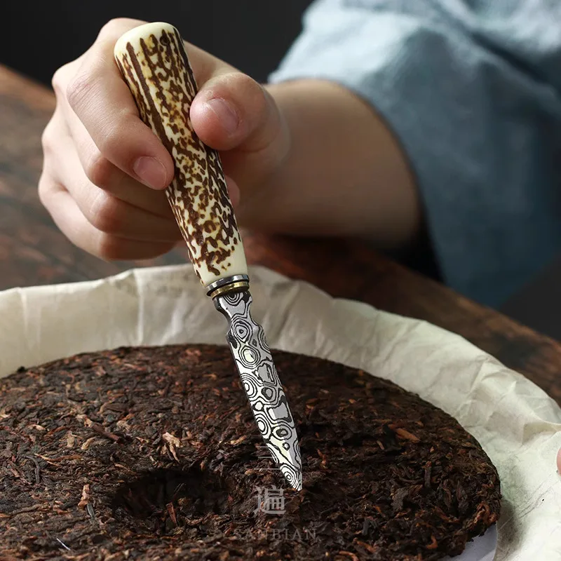 Triple Imitation Damascus Deer Antler Tea Knife Pry Pattern Steel Needle Black Pu Erh Kung Fu