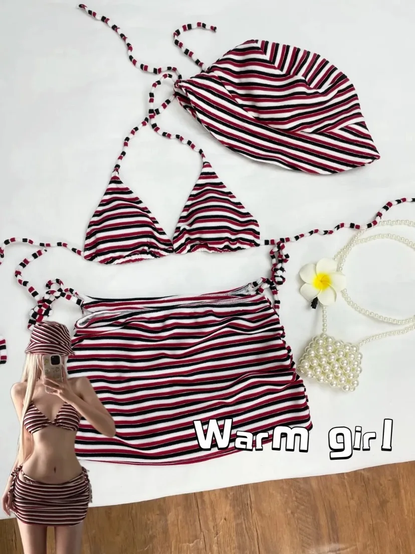 

American Retro Striped Bikini with Candy Wave Design Sexy Tie-Dye Swimming Suit Comes with Fierman Hat Triangular Bikini Po...