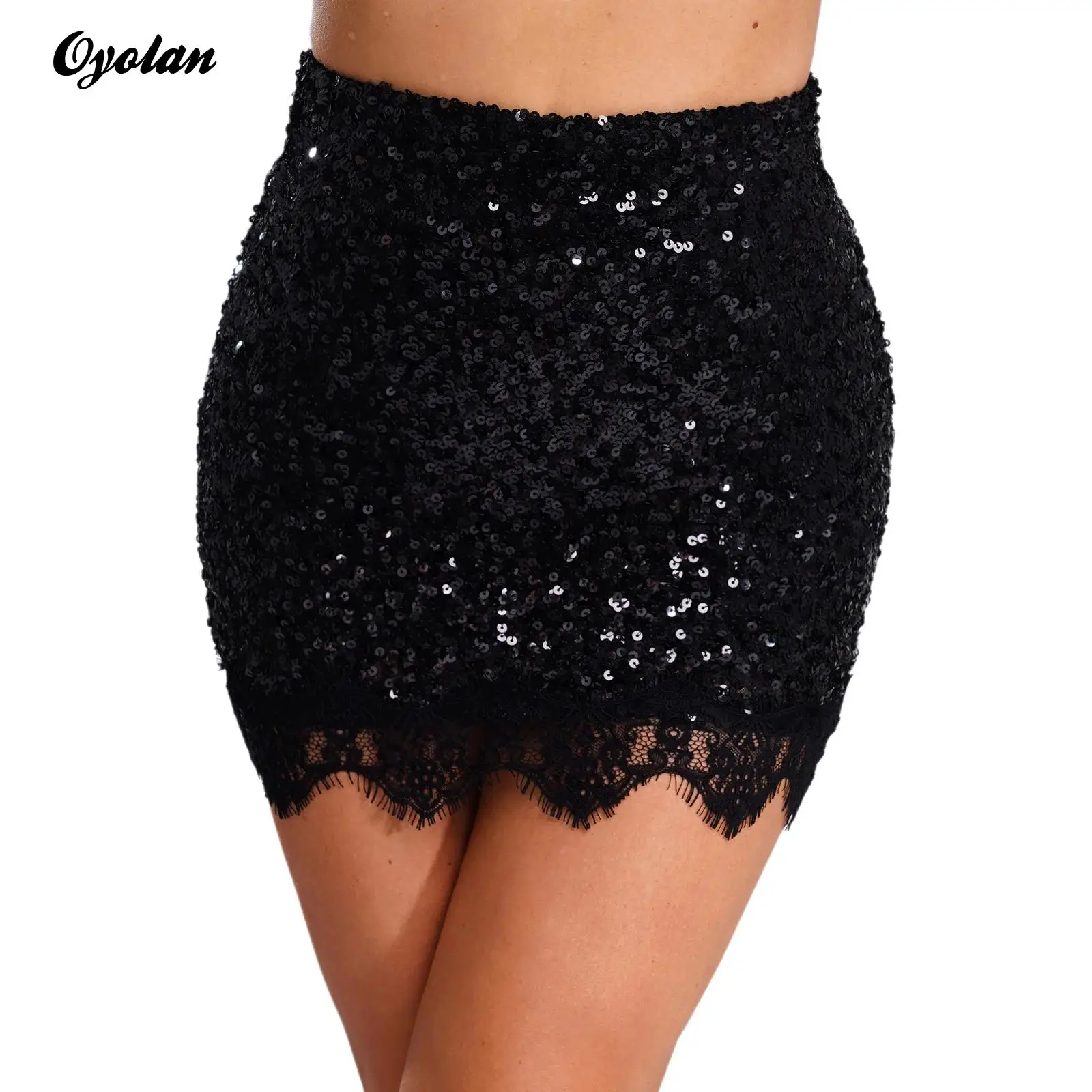 

Womens Glittery Sequin A-line Short Skirt Bodycon Miniskirt High Waist Lace Trim Skirt with Safety Undershorts Cocktail Costume
