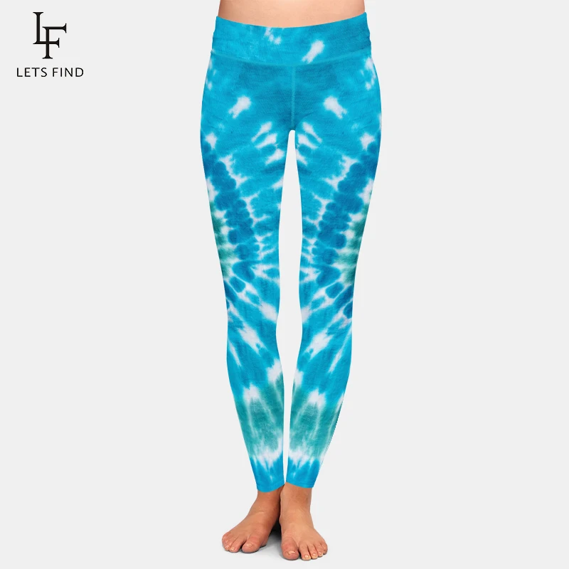 New Women Stretch Pants Blue Tie-dye Print High Waist High Quality Milk Silk Printed Casual Girl Leggings