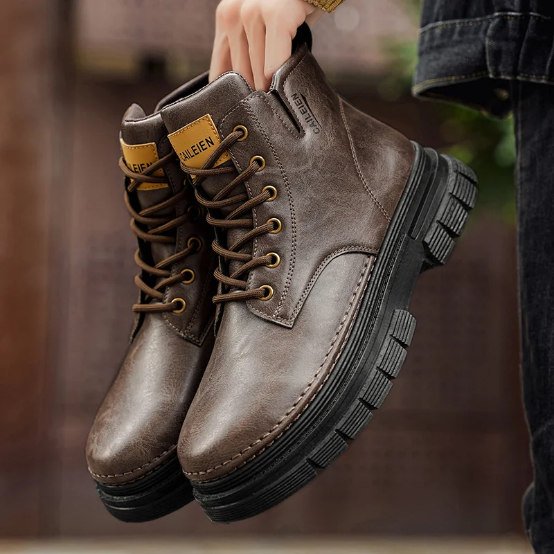 

Fashion Men Casual Leather Boots Outdoor Man Work Boots Designer Mens Shoes Retro Ankle Boots Non-slip High Top Motorcycle Boots