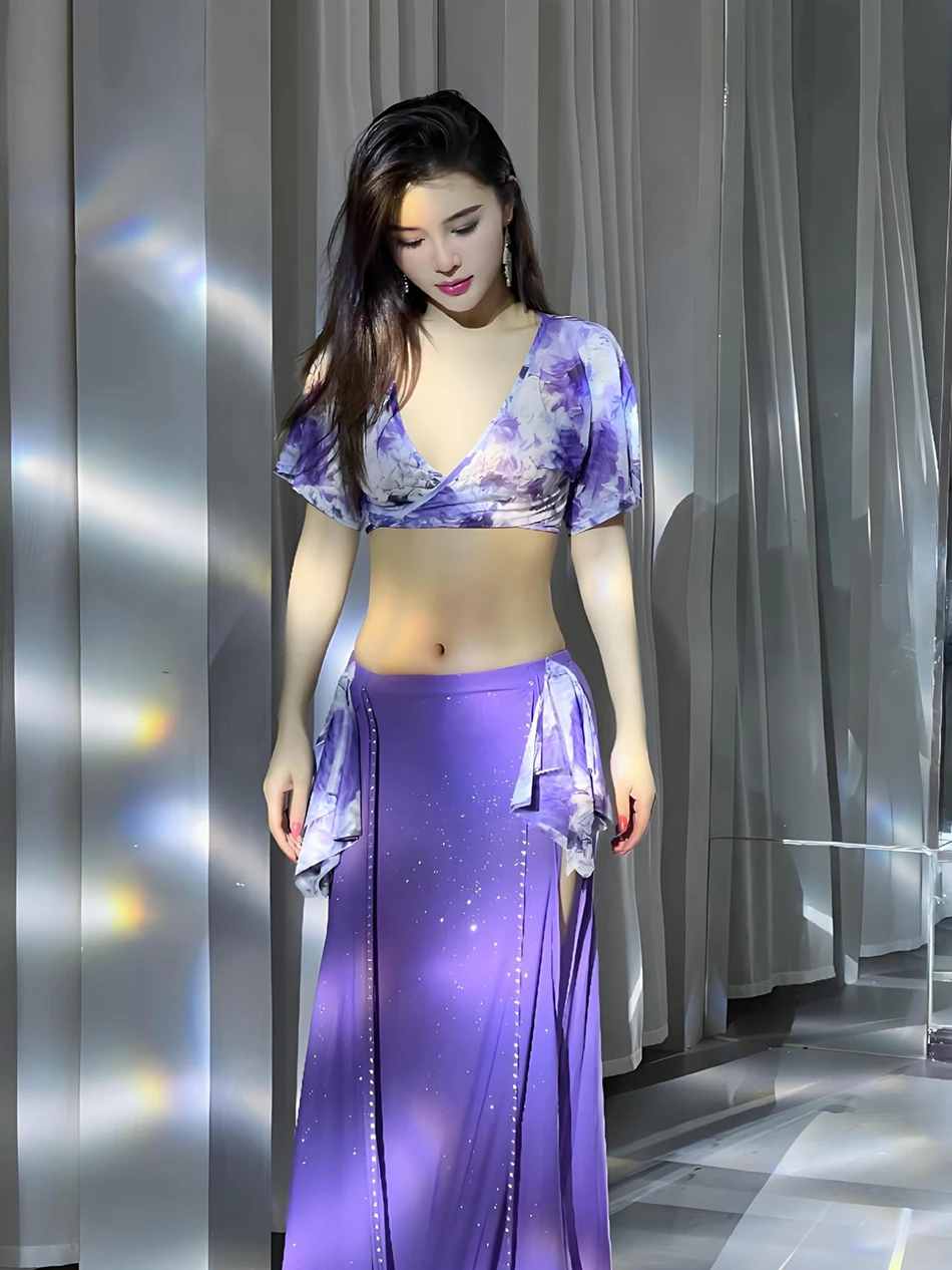 

Костюмы для танца живота, топ и юбка, комплект из 2 предметов, летняя сетка с принтом для взрослых женщин, сценический комбинезон, тренировочная одежда