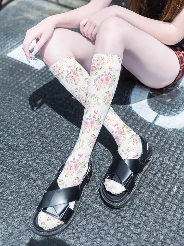 

New Fashion Calf Stockings For Women 3D Printed Rose Peach Thin Velvet Knee Stockings JK Lolita Girls Sweet Sexy Mid Tube Socks